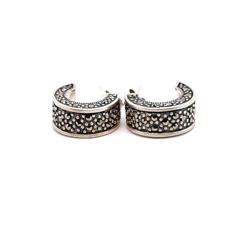 Sterling Silver 925 Marcasite Hoop Earrings -‎ Black and Silver